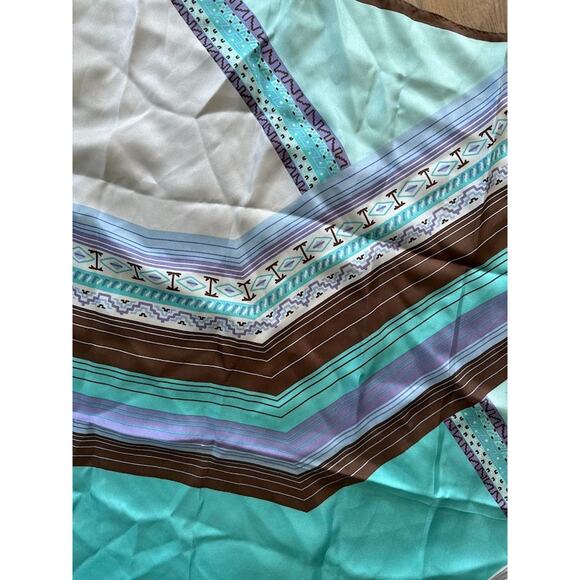 Adrienne Landau Silk Scarf Women's Blue Brown Geometric Square 34" x 34" - Picture 3 of 6